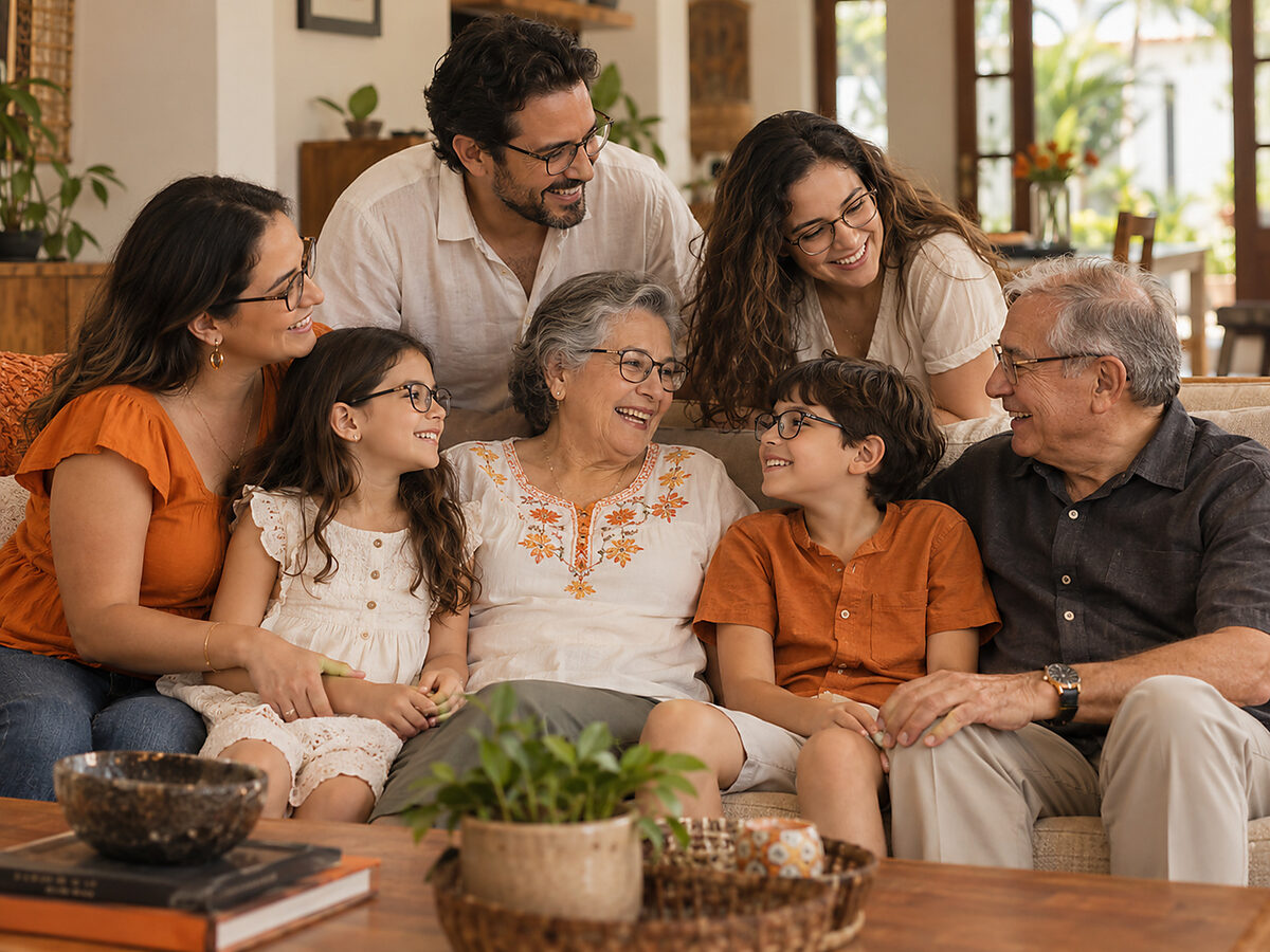 Familia multigeneracional sonriendo en su sala, todos usando lentes A la Palabra